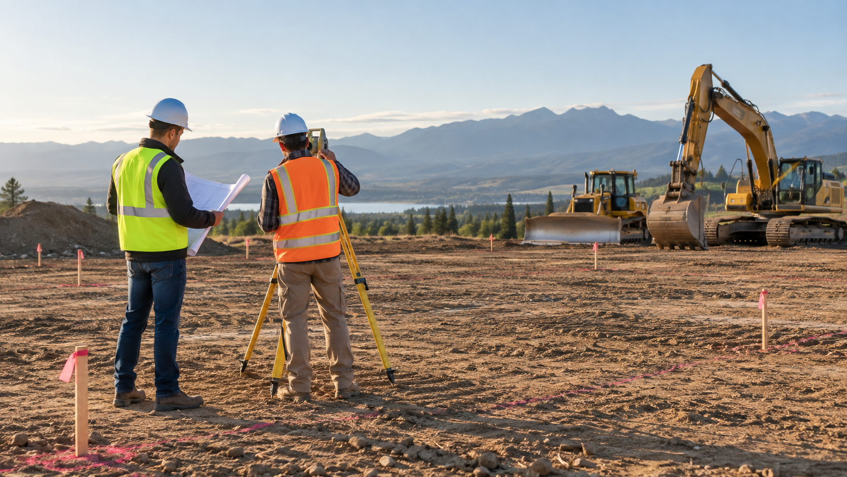 Topógrafos de SKY Maquinaria revisando planos con estación total, excavadora y bulldozer en obra de movimiento de tierras en Costa Rica