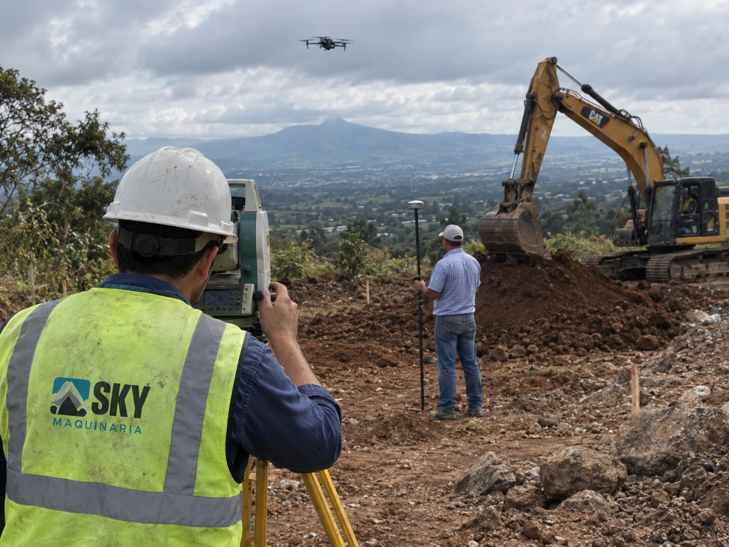 Topógrafo de SKY Maquinaria con estación total y drone junto a excavadora CAT en obra en Costa Rica